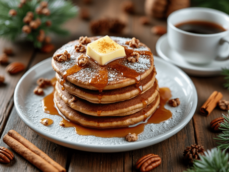 Gingerbread pancakes topped with pecans, powdered sugar, and a drizzle of syrup on a rustic table.