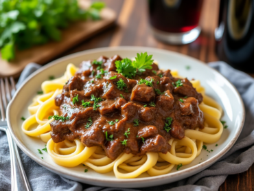 A white plate filled with beef stroganoff and noodles garnished with parsley, set on a rustic table with wine and greenery.