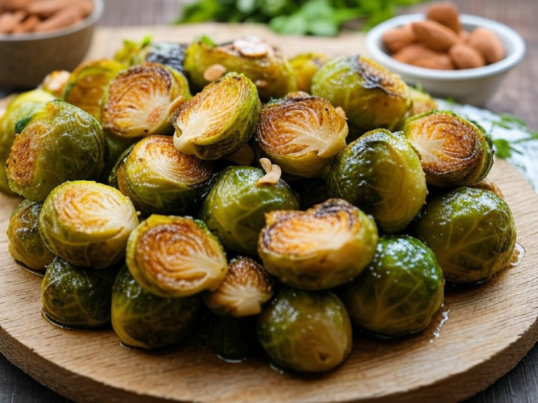 Close-up view of roasted Brussels sprouts drizzled with olive oil and topped with sliced almonds.