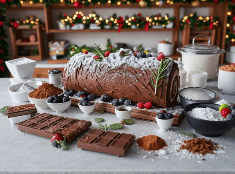 A fully assembled chocolate yule log with powdered sugar and fresh berries, surrounded by ingredients and festive kitchen decor.