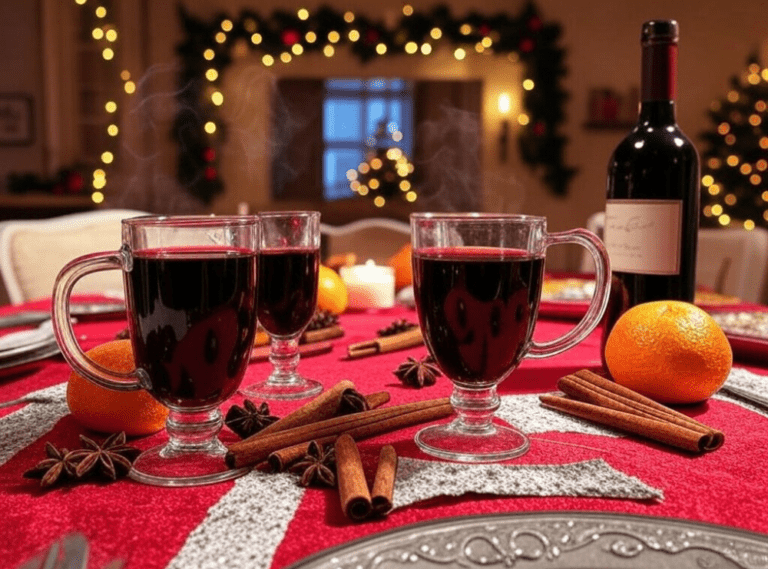 Clear mugs of mulled wine placed on a festive red tablecloth, surrounded by cinnamon sticks, star anise, and oranges.