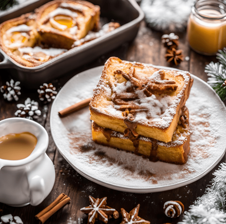 Stacked slices of Eggnog French Toast Bake served on a plate with a drizzle of caramel sauce and festive Christmas accents.