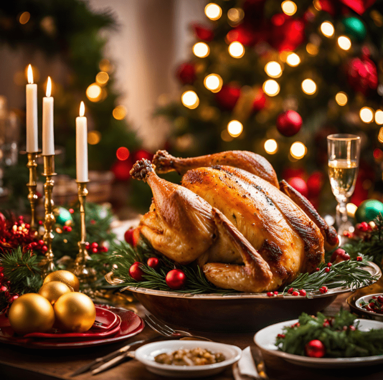 Roasted chicken served on a festive table with candles, Christmas ornaments, and elegant holiday decor.