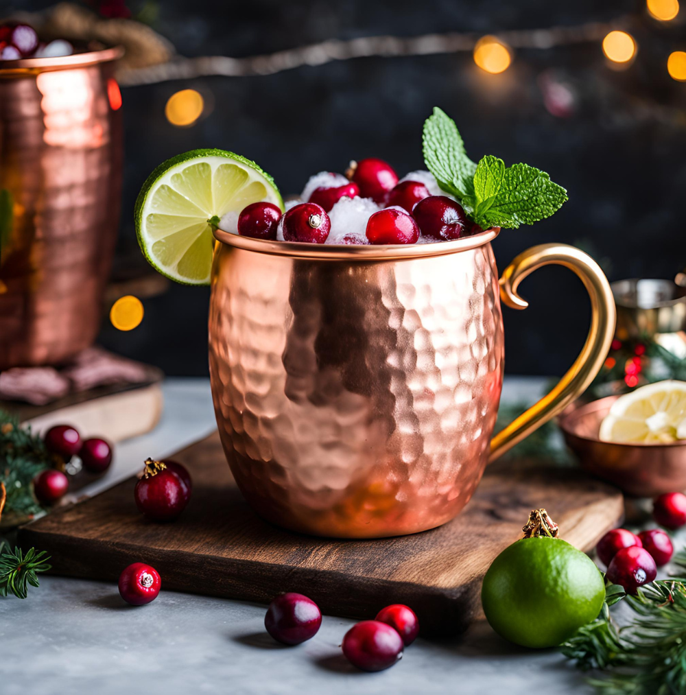 Single Copper Mug with Cranberry Moscow Mule Garnished with Lime, Cranberries, and Mint