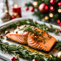 Baked salmon fillet with maple glaze garnished with rosemary and served with festive Christmas decorations.