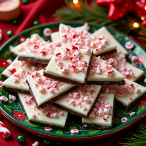 Stacked peppermint bark pieces on a red and green festive plate surrounded by Christmas decorations.