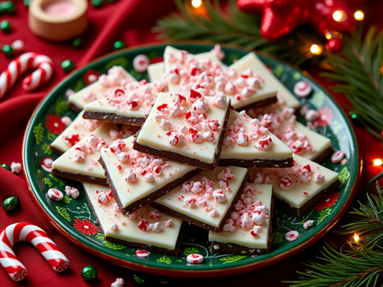 Stacked peppermint bark pieces on a red and green festive plate surrounded by Christmas decorations.