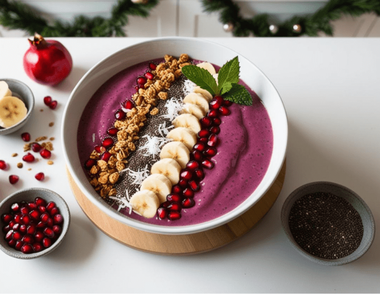 A top-down view of a pomegranate smoothie bowl garnished with banana slices, granola, shredded coconut, and pomegranate arils, surrounded by Christmas decorations.