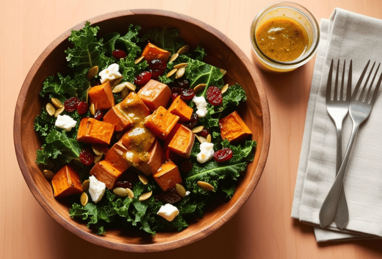 Roasted sweet potato and kale salad with a jar of dressing and two forks on the side.