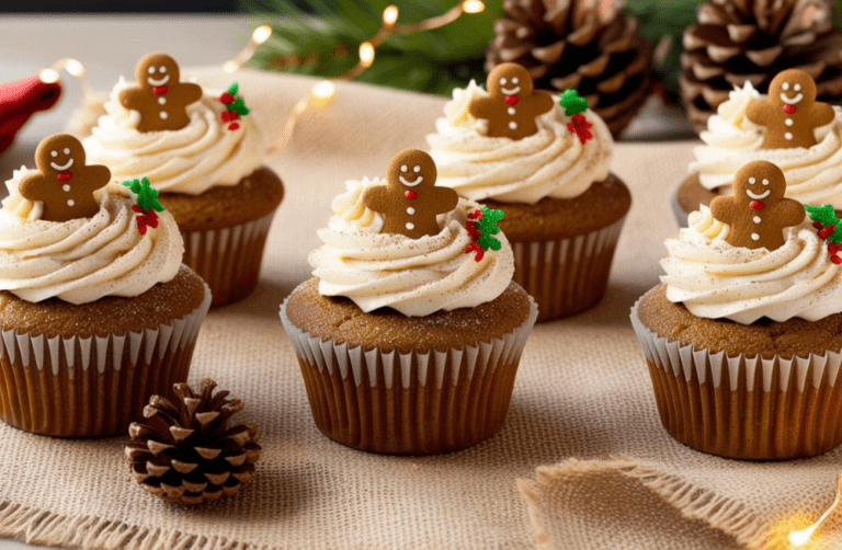 Gingerbread cupcakes arranged on a rustic burlap table with festive decorations and cream cheese frosting.