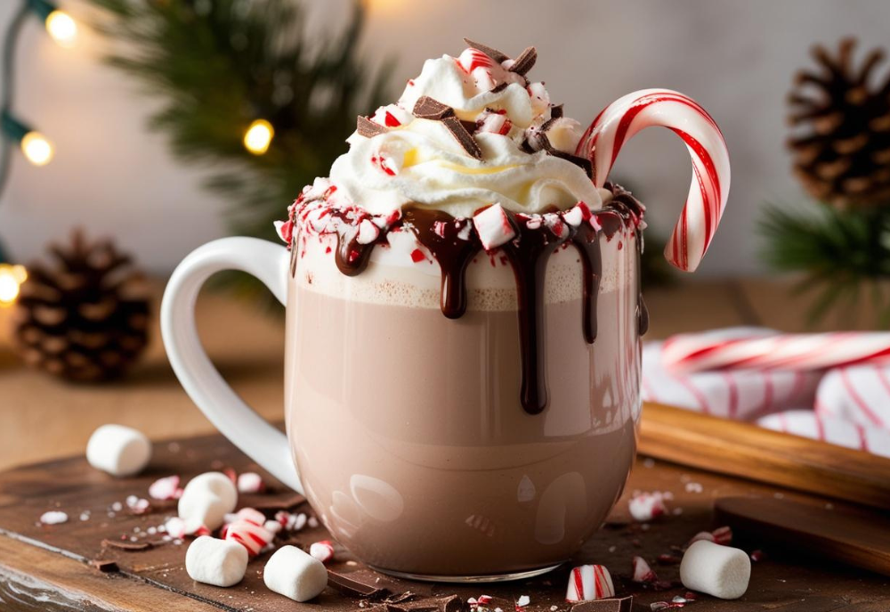 Peppermint hot chocolate with chocolate drizzle, whipped cream, candy canes, and holiday decor in the background.