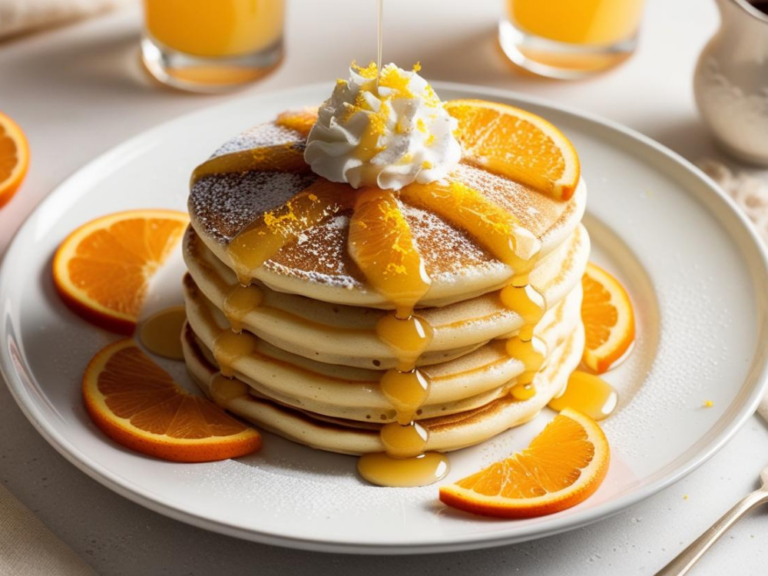 Overhead view of Sparkling Citrus Mimosa Pancakes topped with whipped cream, surrounded by orange slices on a white plate.