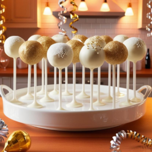 Champagne cake pops displayed on a white pedestal in a festive kitchen with champagne glasses and gold streamers.