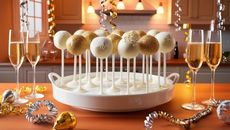 Champagne cake pops displayed on a white pedestal in a festive kitchen with champagne glasses and gold streamers.