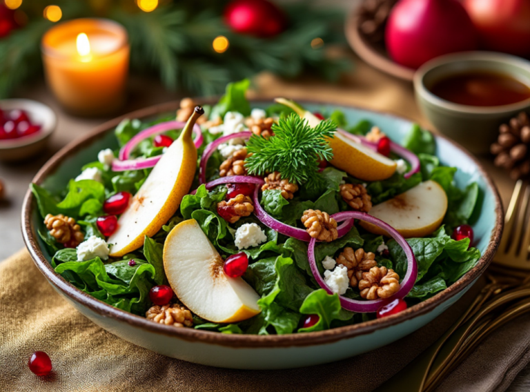 A colorful plate of salad featuring fresh greens, sliced pears, pomegranate seeds, walnuts, and red onion, set on a holiday table with candles.