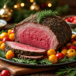 Herb-crusted prime rib plated with cherry tomatoes and rosemary sprigs.