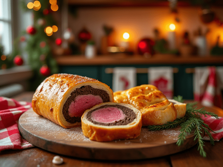 A perfectly baked Beef Wellington with a slice removed, surrounded by festive greenery and candles.