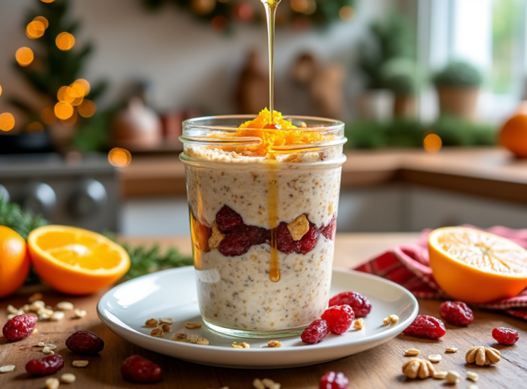 A jar of Cranberry Orange Overnight Oats being drizzled with honey, surrounded by fresh oranges and cranberries in a cozy, bright kitchen.