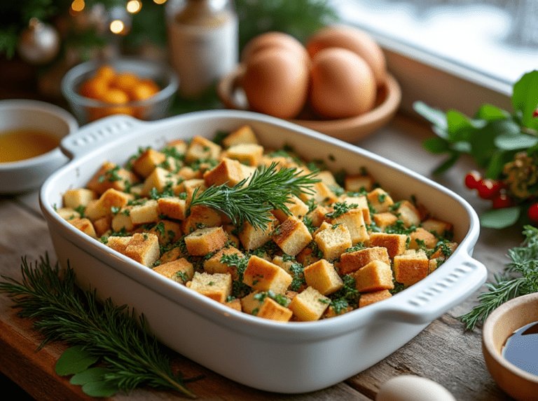 A white ceramic dish filled with uncooked Gluten-Free Stuffing topped with fresh parsley and rosemary, placed on a wooden countertop near fresh ingredients.