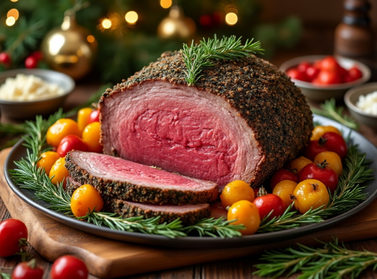 Herb-crusted prime rib plated with cherry tomatoes and rosemary sprigs.