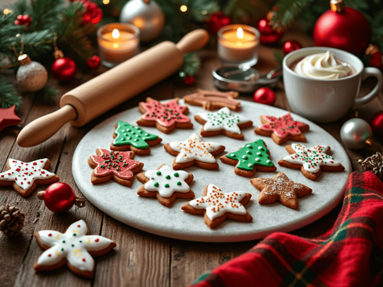 A rolling pin with a plate of star and tree-shaped Christmas cookies, surrounded by holiday decorations.