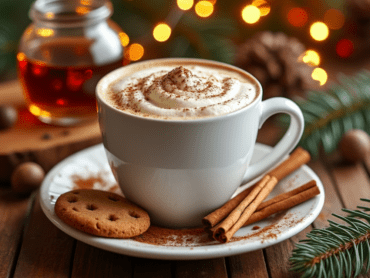 A white mug of gingerbread latte on a wooden table with festive lights and pine decorations.