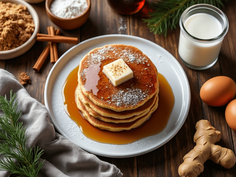 Stack of gingerbread pancakes with a dollop of butter, surrounded by fresh ginger, brown sugar, and cinnamon sticks.