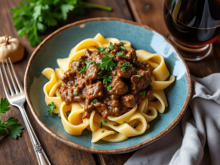 A turquoise bowl of beef stroganoff on egg noodles, garnished with parsley, next to a glass of wine and a rustic table setting.