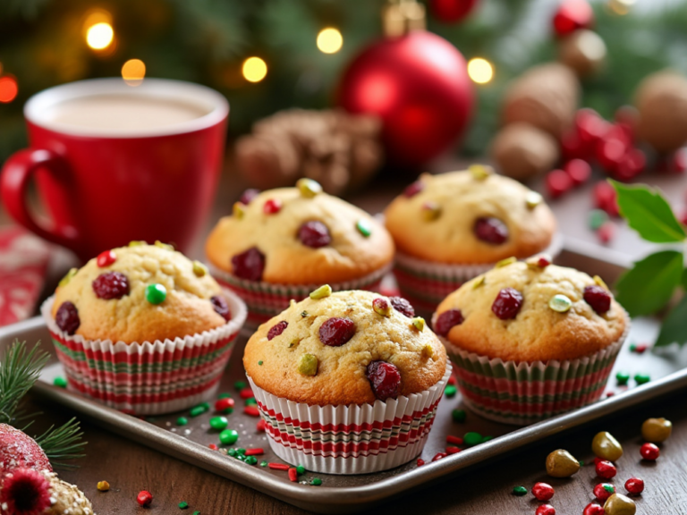 A close-up of five Christmas muffins with red and green sprinkles, served on a holiday tray with festive decorations.