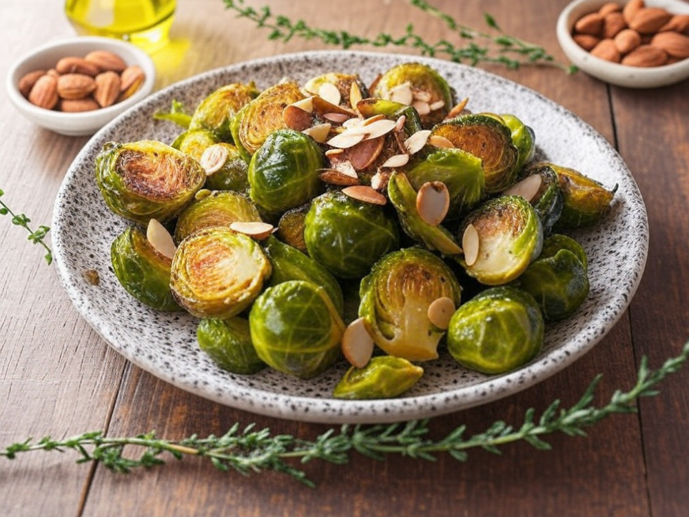 A white speckled plate with roasted Brussels sprouts and sliced almonds, surrounded by fresh herbs and almonds.