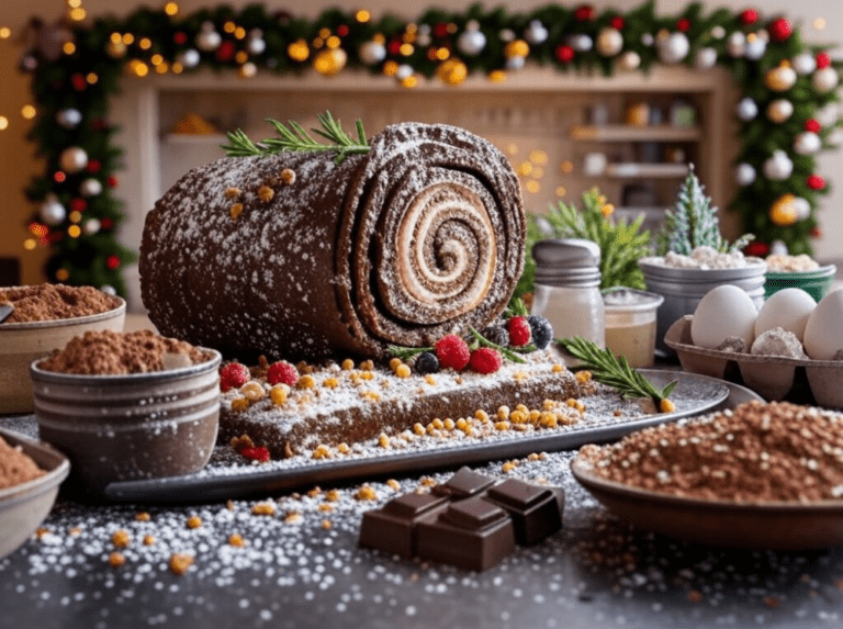 A spiral chocolate yule log on a platter with festive garnishes, surrounded by baking ingredients on a holiday table.