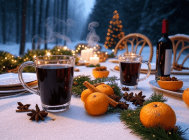 Two steaming mugs of mulled wine surrounded by oranges, spices, and greenery on a snow-covered table with Christmas lights.