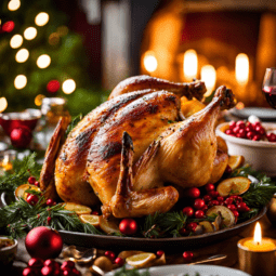 Roasted chicken surrounded by holiday greenery, cranberries, and red ornaments, set in front of a glowing fireplace.