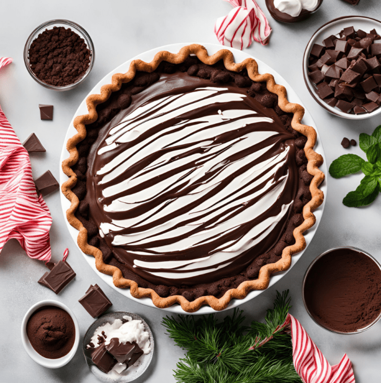 A chocolate peppermint pie with a neat, flaky crust and a drizzle of white chocolate, set amidst holiday-themed decor and ingredients.