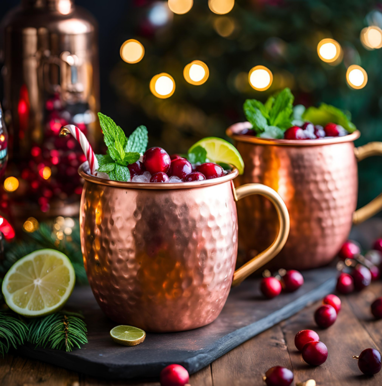 Copper Mugs with Cranberry Moscow Mules and Candy Cane Straws for a Festive Touch