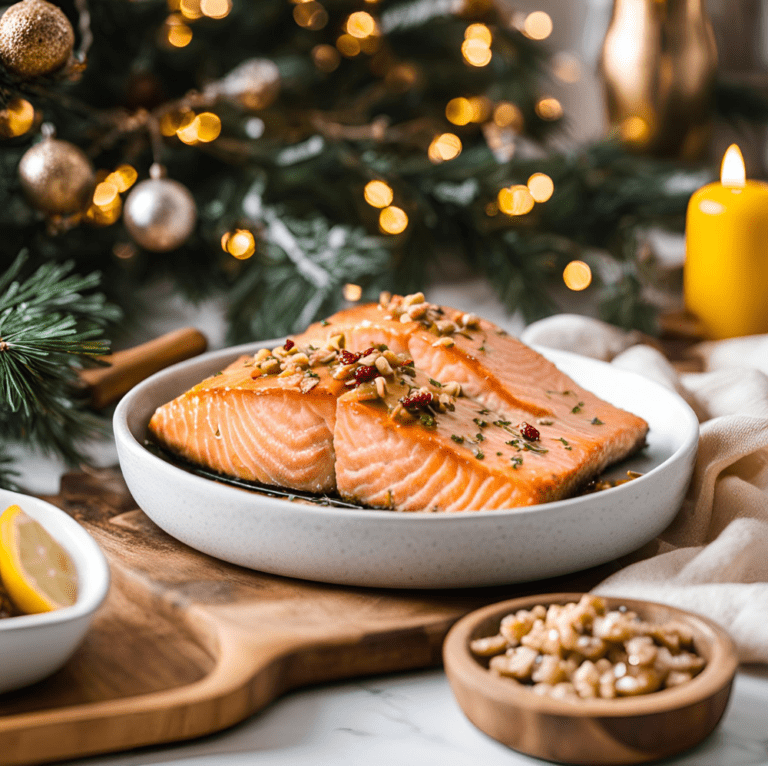 Baked salmon fillets in a white bowl, topped with pine nuts and cranberries, with Christmas lights in the background.