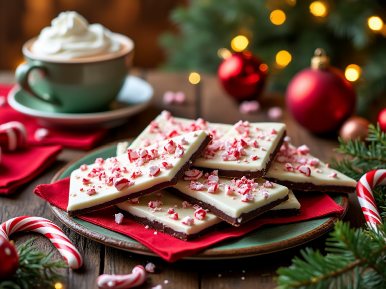 Holiday peppermint bark paired with a mug of hot cocoa on a wooden table with Christmas ornaments.