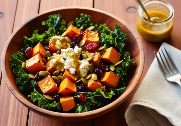 Roasted sweet potato and kale salad with goat cheese and pumpkin seeds, garnished with a drizzle of dressing.