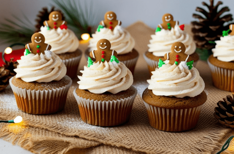 A display of gingerbread cupcakes on a burlap-lined table with cream cheese frosting and gingerbread man toppers.