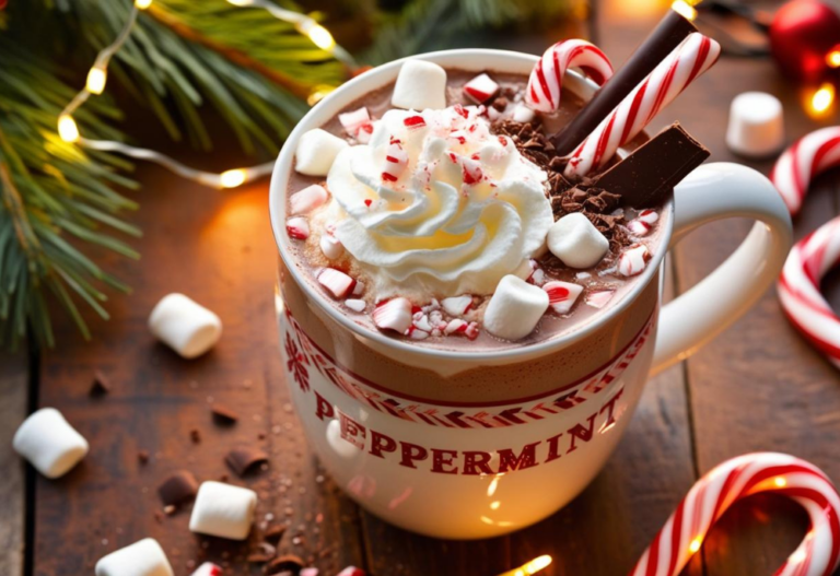 Mug of peppermint hot chocolate with whipped cream and crushed candy canes, placed on a wooden table with festive holiday decorations.