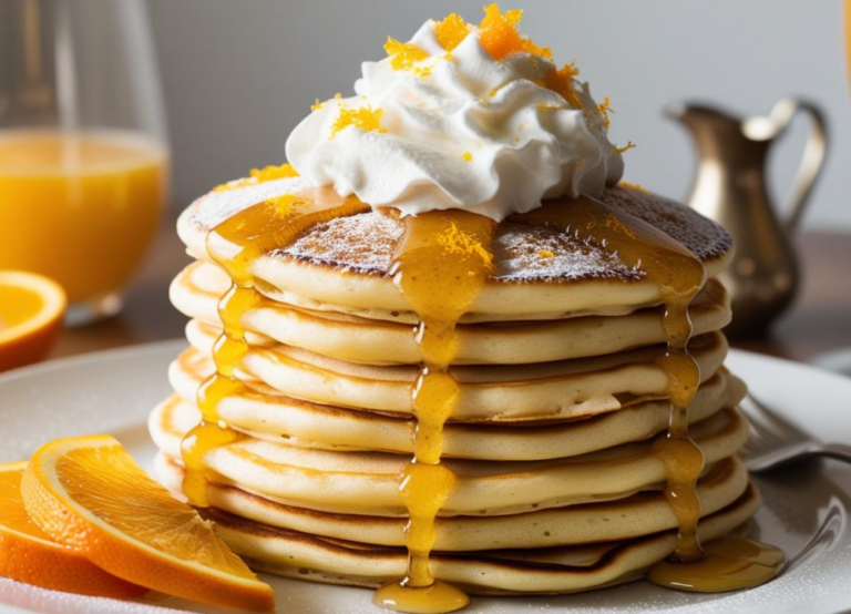 Tall stack of Sparkling Citrus Mimosa Pancakes dripping with syrup and garnished with whipped cream and orange zest.