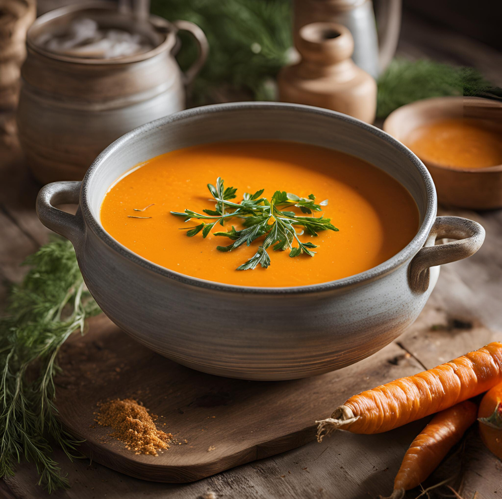 Rustic gray pot filled with Roasted Carrot and Ginger Soup, topped with parsley, with carrots and spices in the background.