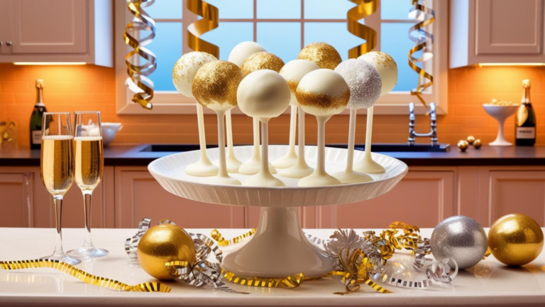 Champagne cake pops on a white cake stand, surrounded by gold and silver holiday decorations in a festive kitchen.