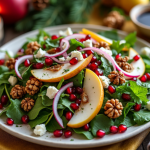 A winter salad with pears, walnuts, pomegranate seeds, and greens, arranged on a white plate with holiday decorations in the background.