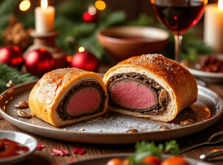 A sliced Beef Wellington on a plate with festive Christmas lights and candles in the background.