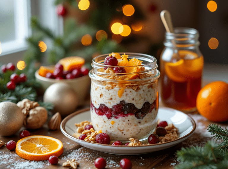 A holiday-themed Cranberry Orange Overnight Oats jar topped with cranberries, orange zest, and granola, surrounded by Christmas decor and fresh fruits.