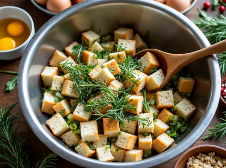 A festive holiday display of Gluten-Free Stuffing with Fresh Herbs, presented in a white baking dish with rosemary garnish, glowing in warm ambient lighting.