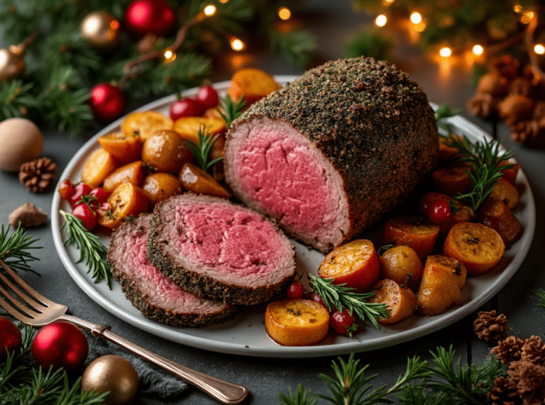 Sliced herb-crusted prime rib served with roasted potatoes and cherry tomatoes, garnished with rosemary.