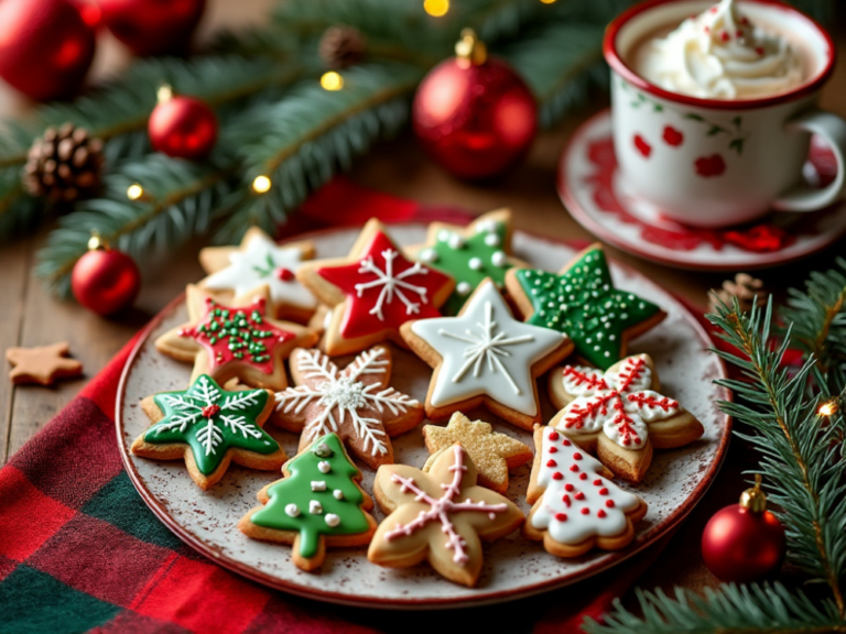 A festive plate of Christmas cookies shaped like stars and trees with intricate icing designs.