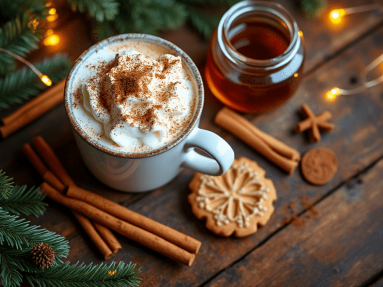 A gingerbread latte with whipped cream surrounded by cinnamon sticks, cookies, and holiday greenery.